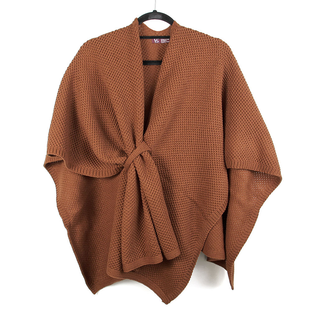 Madeline Love Brown Front Tie Textured Knit Wrap Shawl Poncho - Hair Accessories - desc