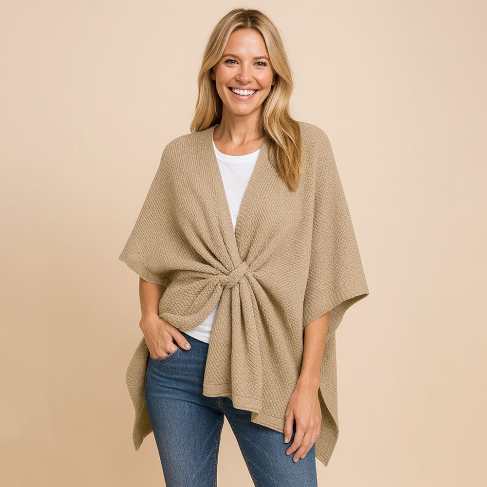 Madeline Love Tan Front Tie Textured Knit Wrap Shawl Poncho - Hair Accessories