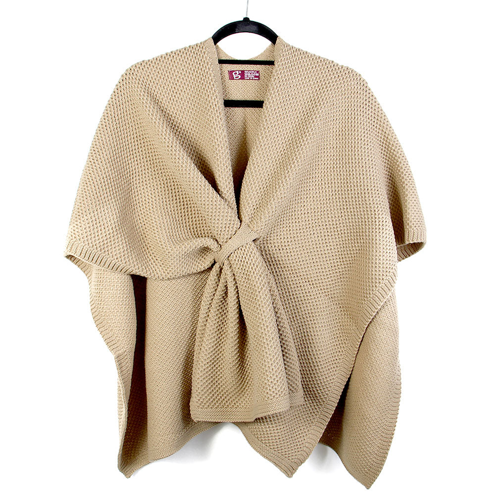 Madeline Love Tan Front Tie Textured Knit Wrap Shawl Poncho - Hair Accessories - desc