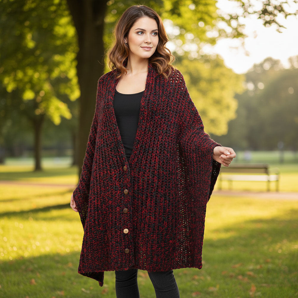 Madeline Love Red Button up Cardigan Effect Knit Yarn Shawl Scarf - Hair Accessories - desc