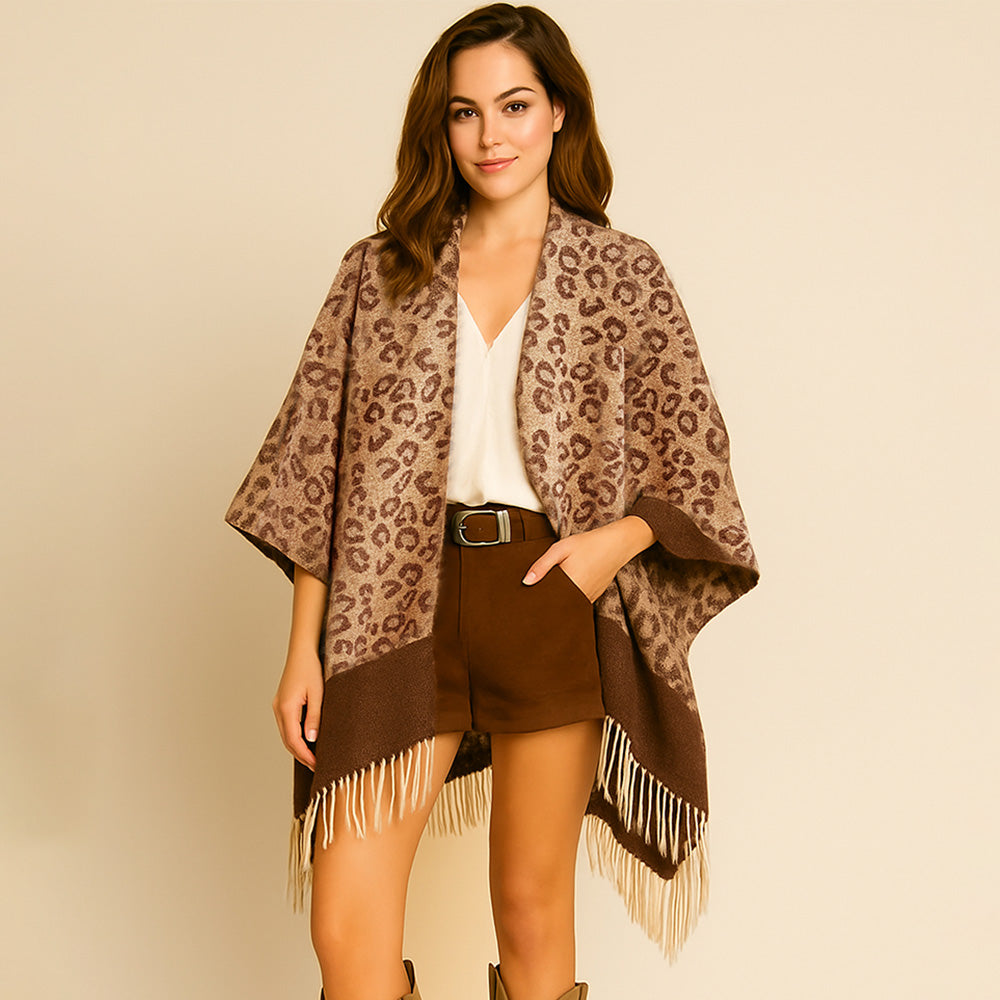 Madeline Love Brown, Leopard Leopard Print Open Front Fringe Hem Kimono Poncho - Jewelry