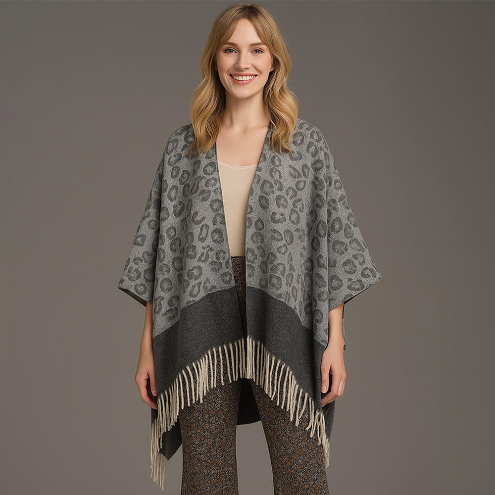 Madeline Love Gray, Leopard Leopard Print Open Front Fringe Hem Kimono Poncho - Jewelry