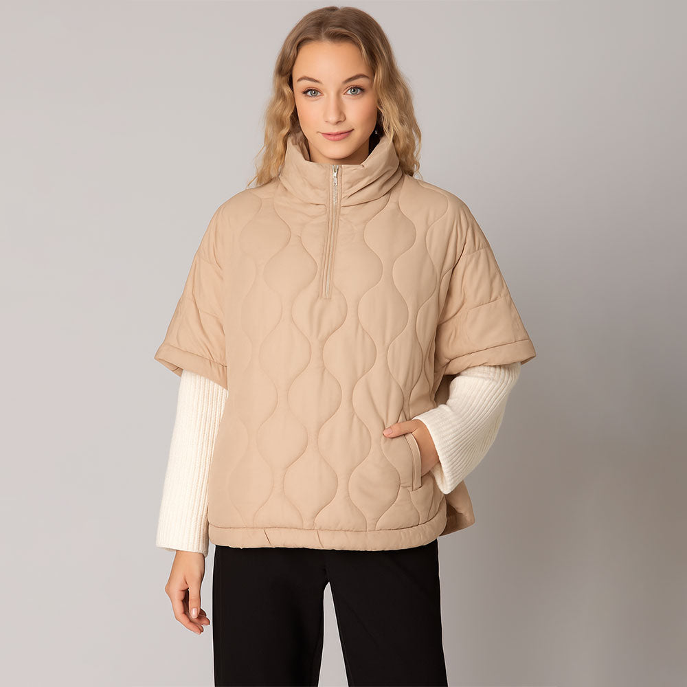 Madeline Love Beige Quilted Short Sleeves Puffer Pullover Poncho - Jewelry
