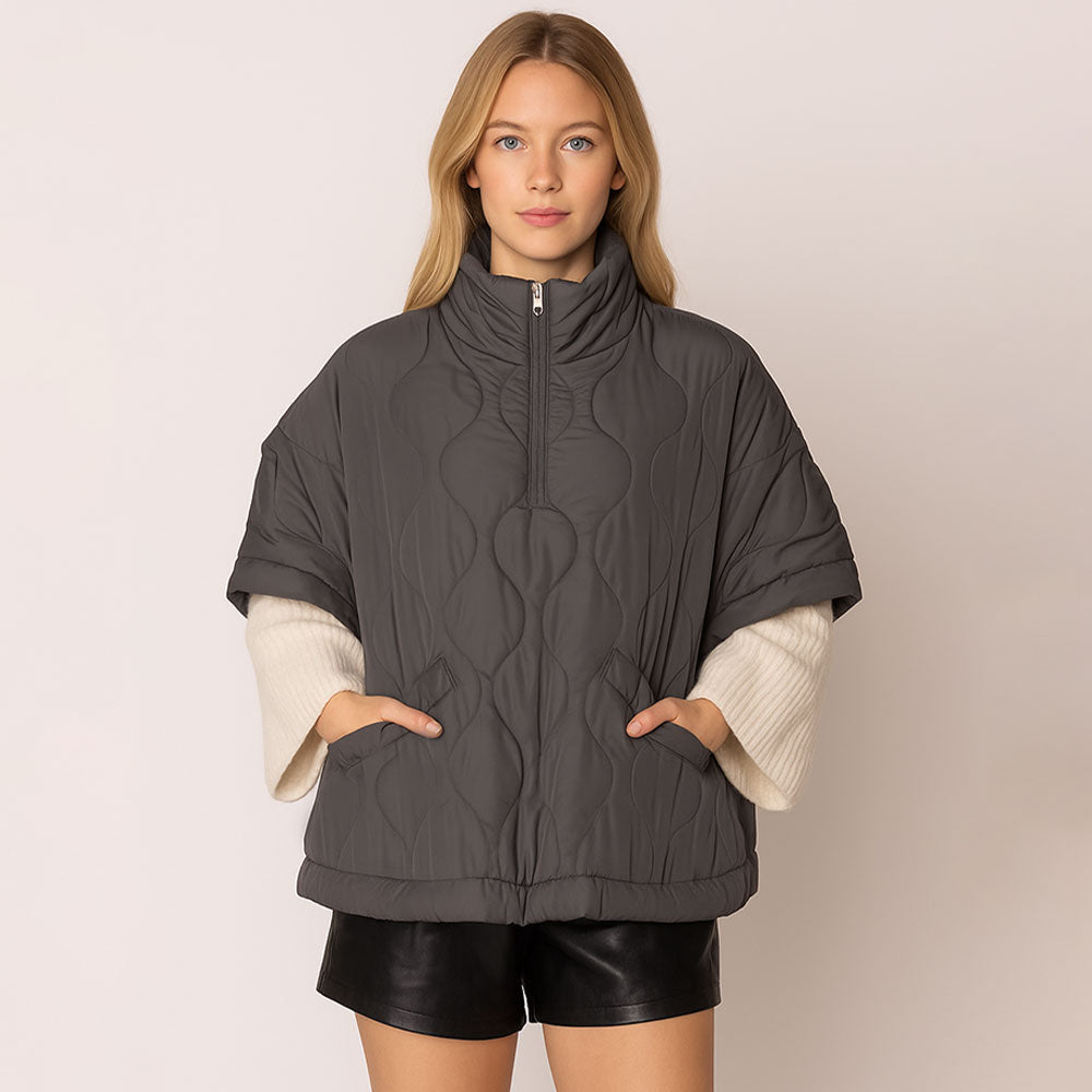Madeline Love Charcoal Quilted Short Sleeves Puffer Pullover Poncho - Jewelry