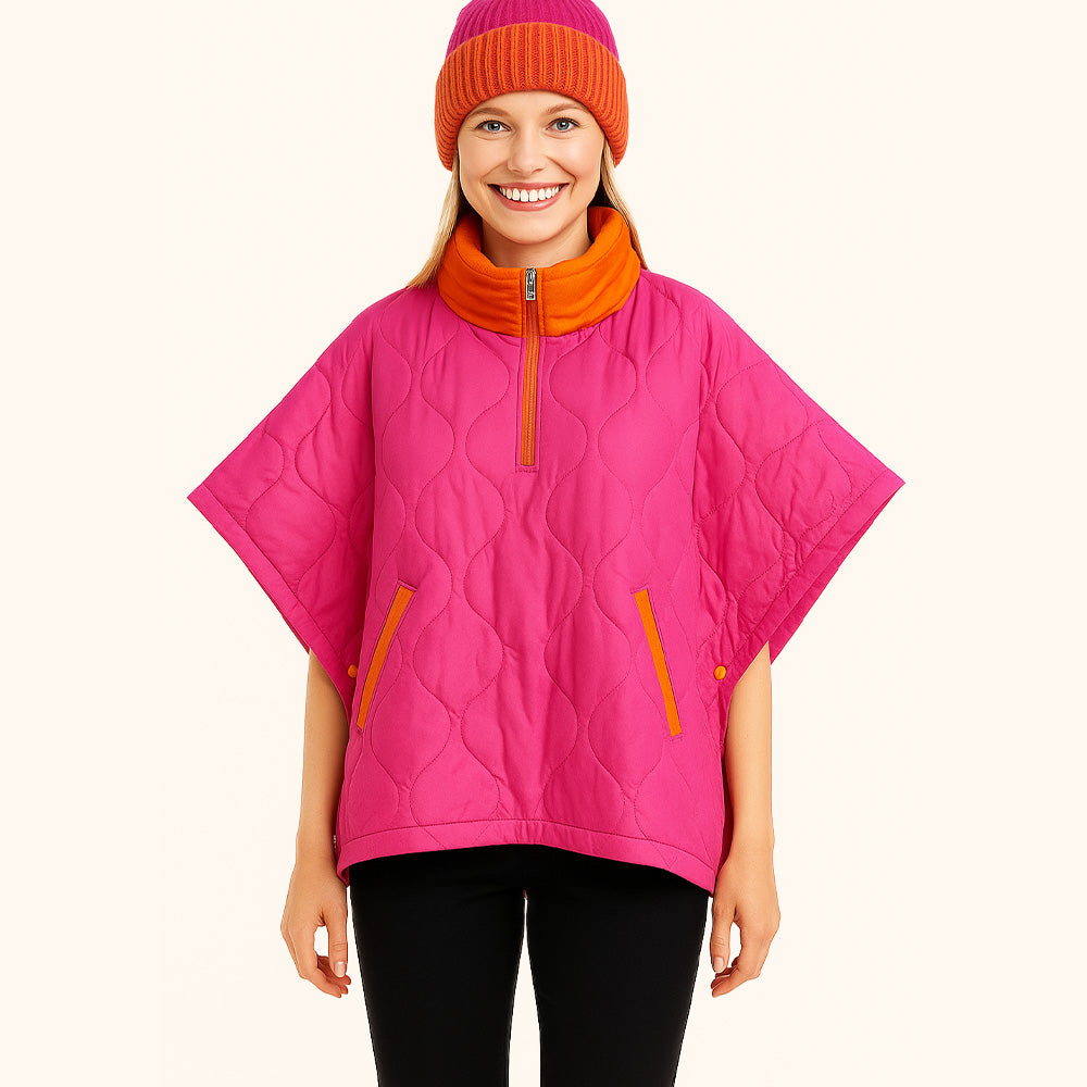 Madeline Love Fuchsia Quilted Short Sleeves Puffer Pullover Poncho - Jewelry