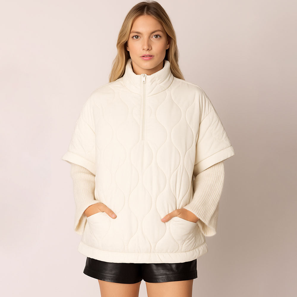Madeline Love Ivory Quilted Short Sleeves Puffer Pullover Poncho - Jewelry