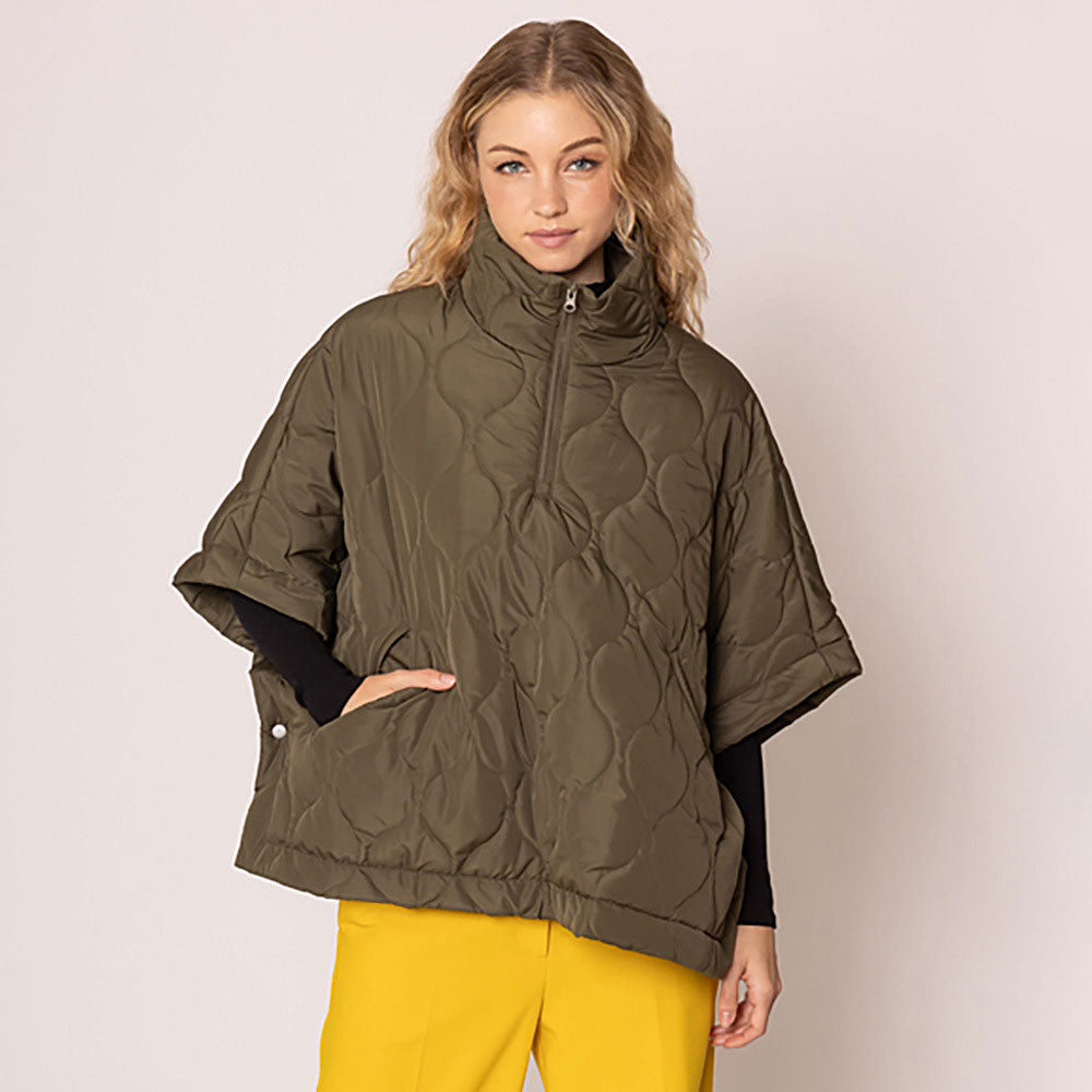 Madeline Love Olive Green Quilted Short Sleeves Puffer Pullover Poncho - Jewelry