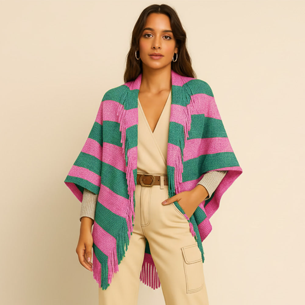 Madeline Love Pink&Green Open Front Striped Fringe Cocoon Shawl Wrap - Hair Accessories