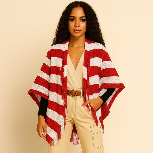 Madeline Love Red Open Front Striped Fringe Cocoon Shawl Wrap - Hair Accessories