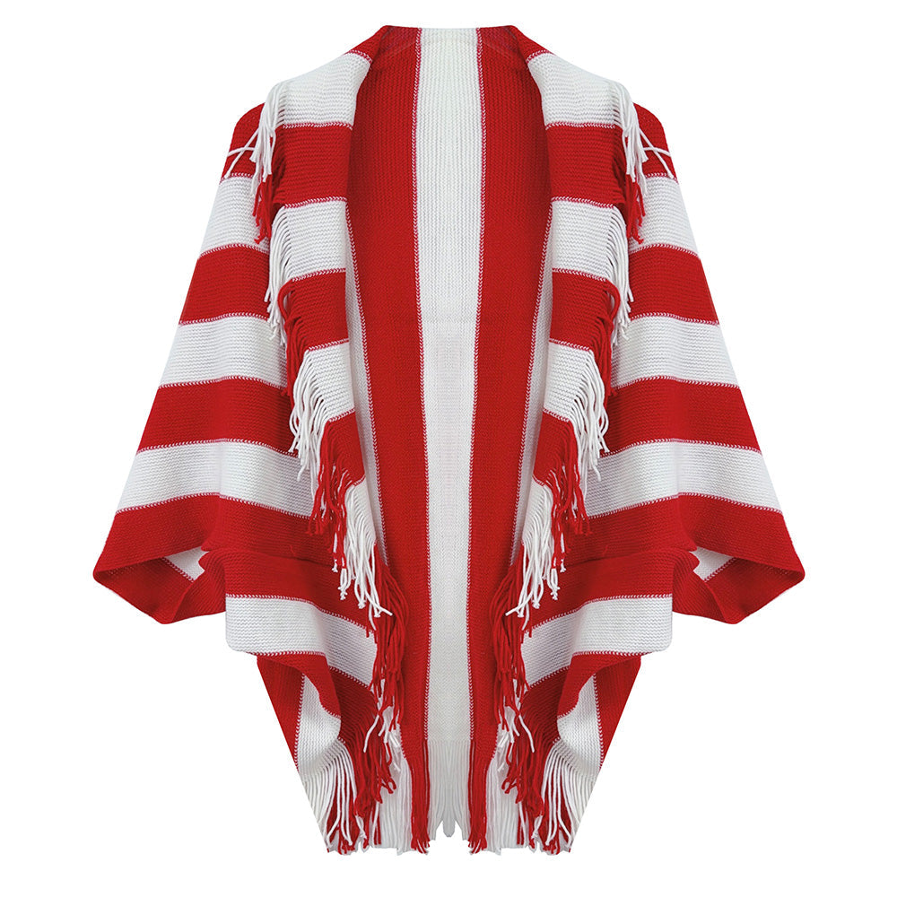 Madeline Love Red Open Front Striped Fringe Cocoon Shawl Wrap - Hair Accessories - desc