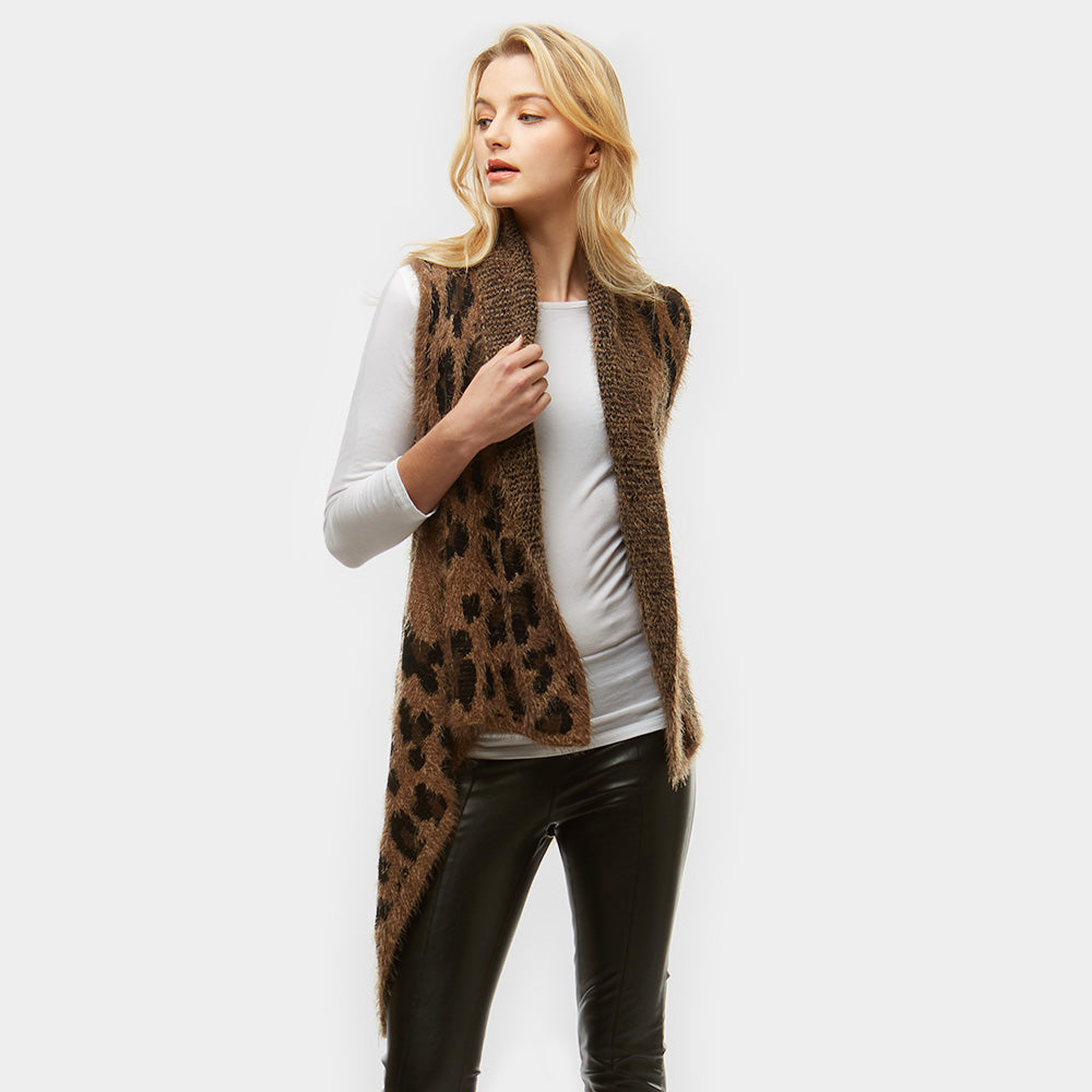Madeline Love Taupe Fuzzy Leopard Pattern Vest - Hair Accessories