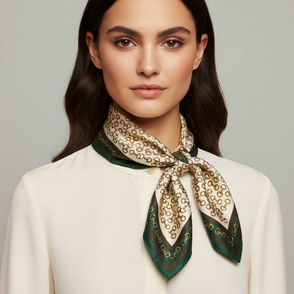 Madeline Love Olive Green Classic Chain Pattern Print Square Bandana Scarf - Scarves & Wraps
