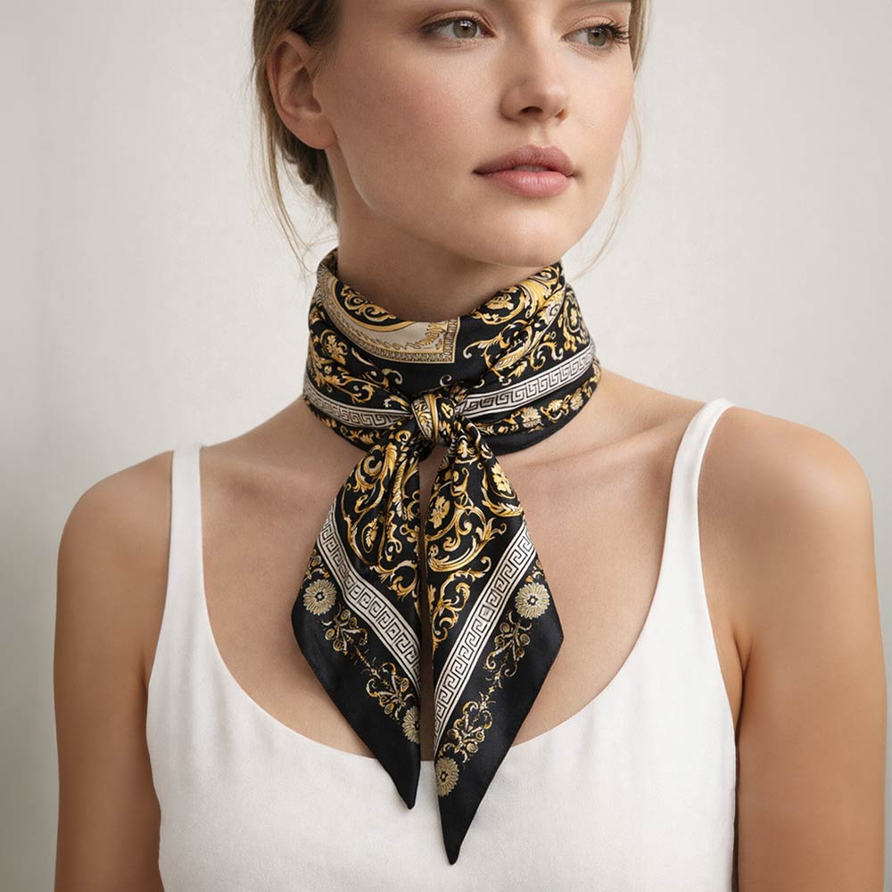 Madeline Love Navy Ornate Baroque Pattern Print Square Bandana Scarf - Scarves & Wraps