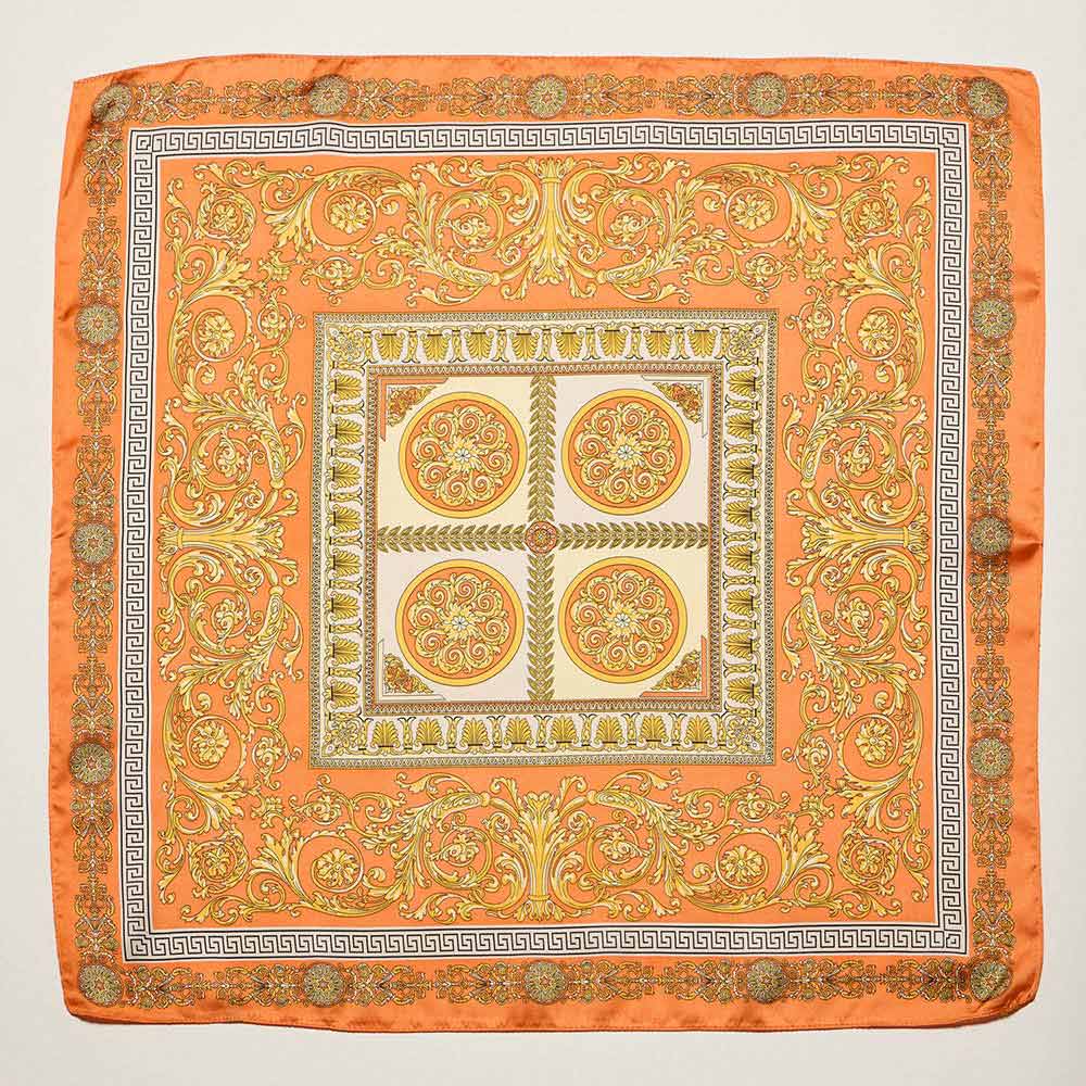 Madeline Love Orange Ornate Baroque Pattern Print Square Bandana Scarf - Scarves & Wraps