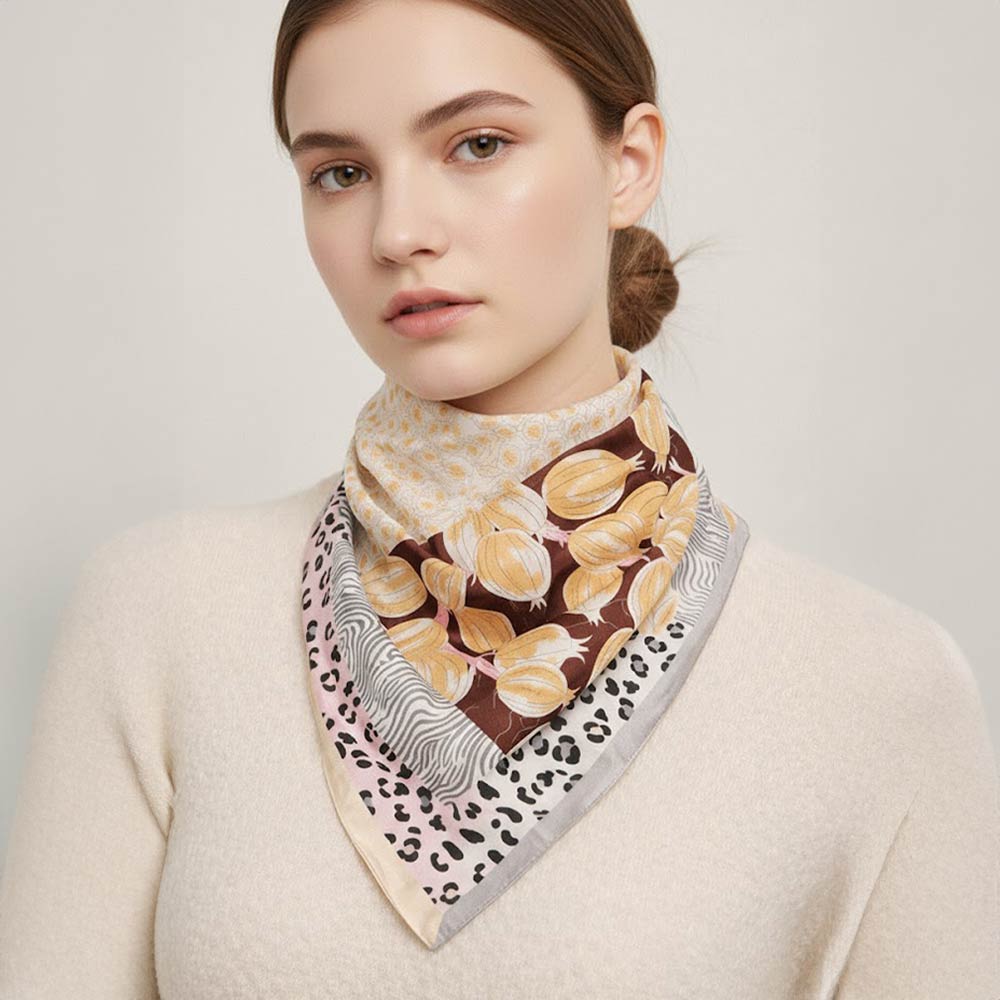Madeline Love Beige Mixed Botanical Leopard Print Square Bandana Scarf - Scarves & Wraps