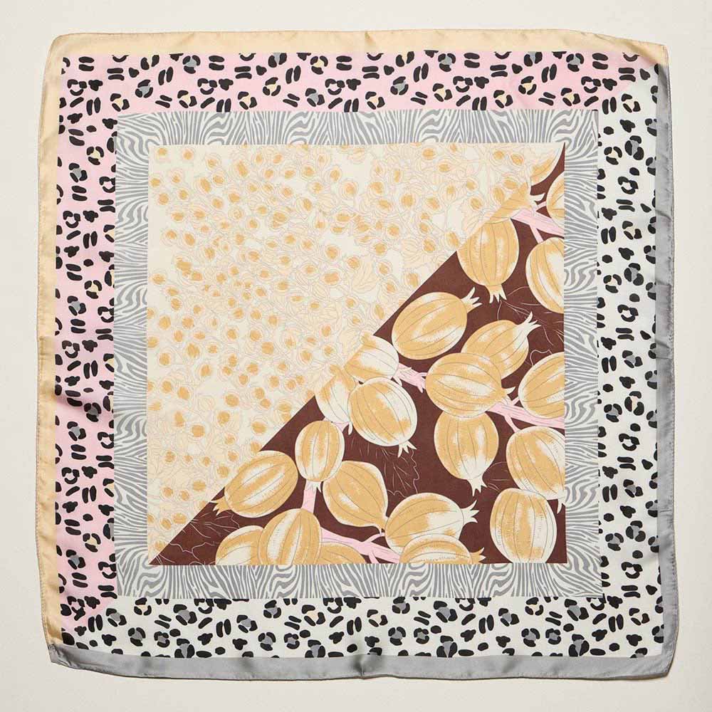 Madeline Love Beige Mixed Botanical Leopard Print Square Bandana Scarf - Scarves & Wraps - desc