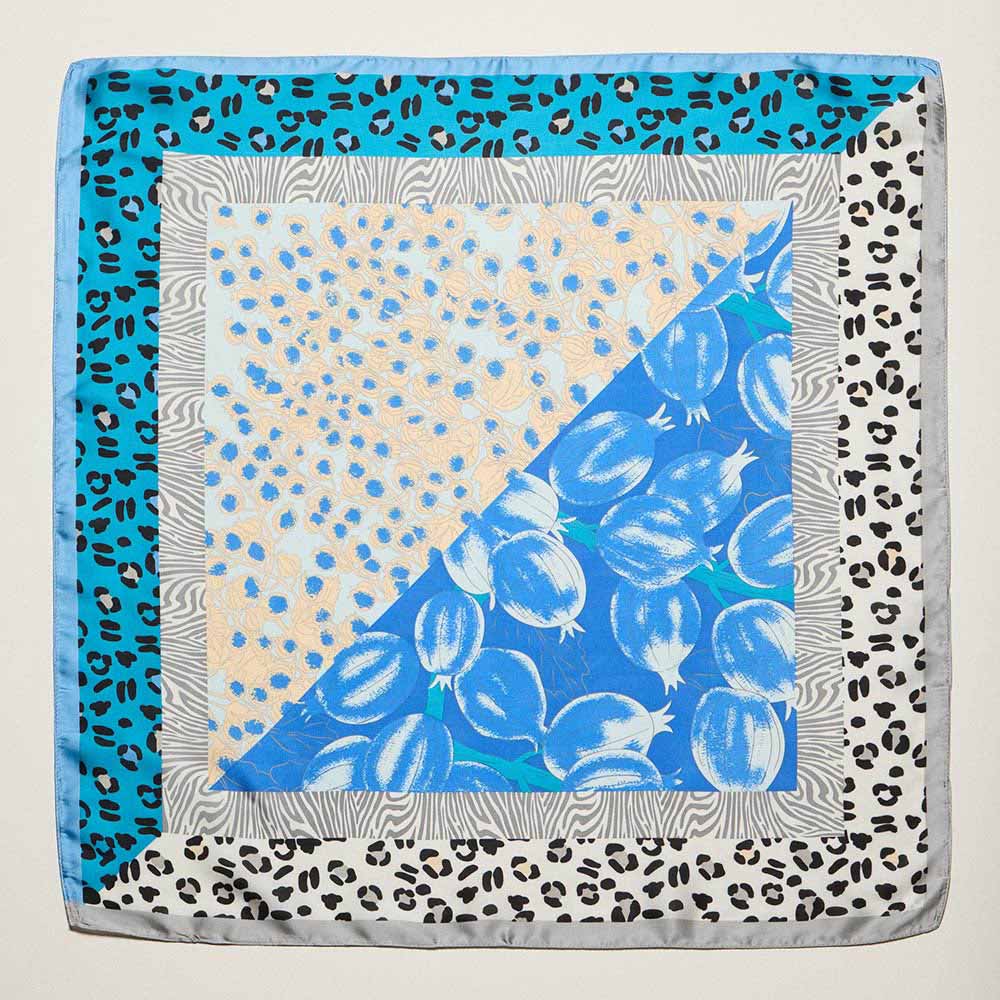 Madeline Love Blue Mixed Botanical Leopard Print Square Bandana Scarf - Scarves & Wraps