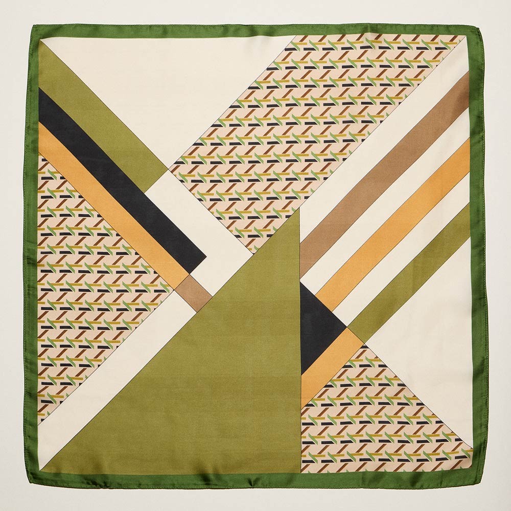 Madeline Love Olive Green Geometric Patchwork Print Square Bandana Scarf - Scarves & Wraps