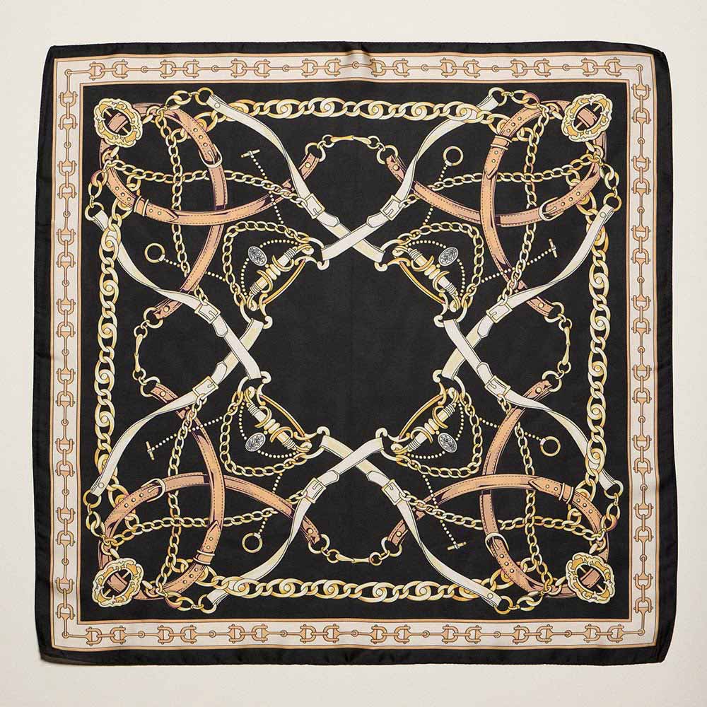 Madeline Love Black Equestrian Chain and Harness Print Square Bandana Scarf - Scarves & Wraps