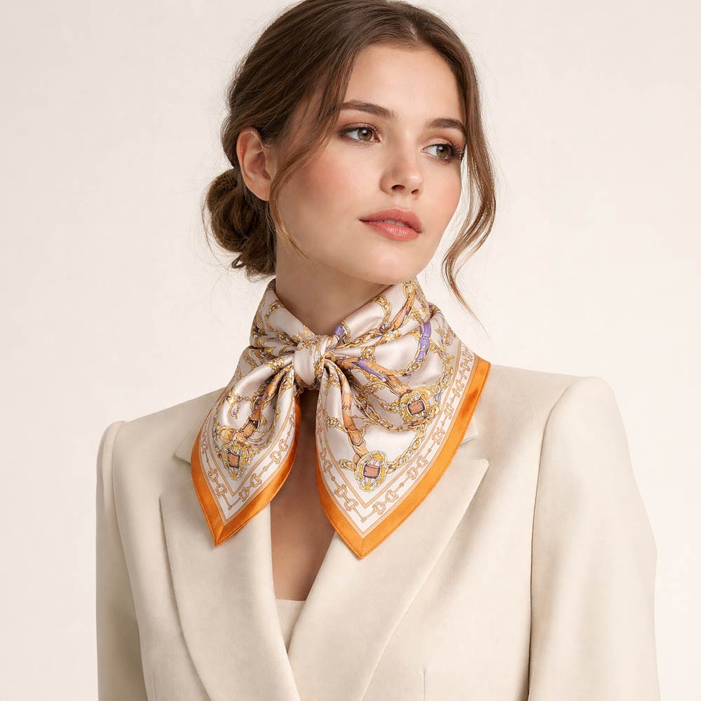 Madeline Love Orange Equestrian Chain and Harness Print Square Bandana Scarf - Scarves & Wraps