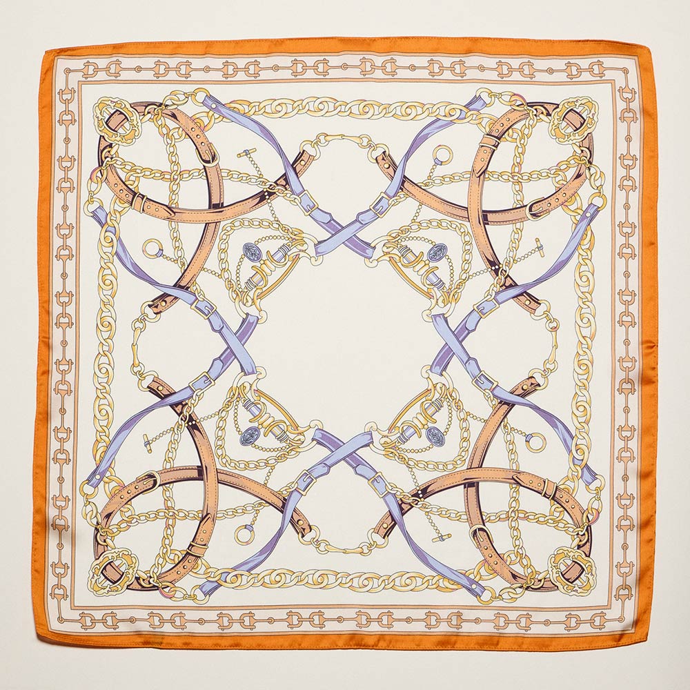 Madeline Love Orange Equestrian Chain and Harness Print Square Bandana Scarf - Scarves & Wraps - desc