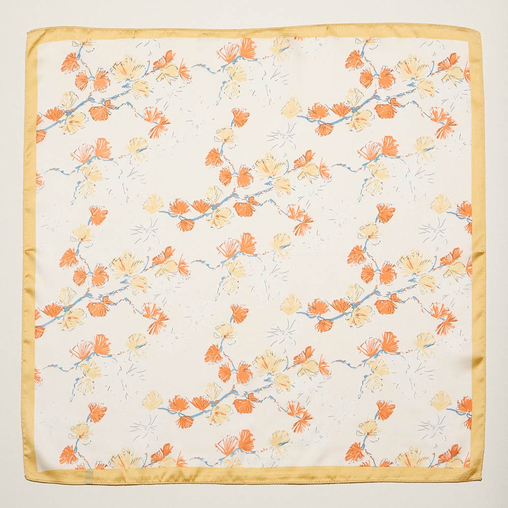 Madeline Love Beige Delicate Floral Branch Print Square Bandana Scarf - Scarves & Wraps
