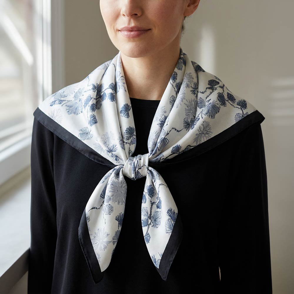 Madeline Love Black Delicate Floral Branch Print Square Bandana Scarf - Scarves & Wraps