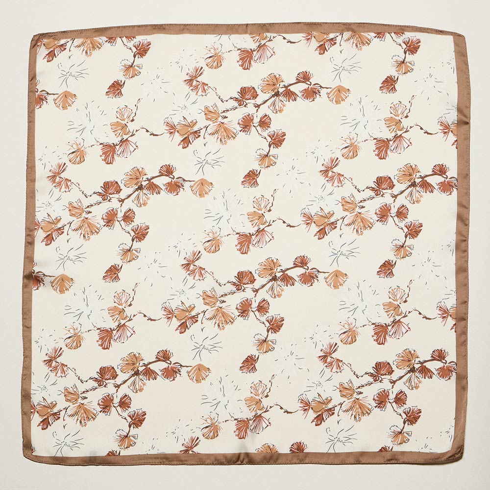 Madeline Love Brown Delicate Floral Branch Print Square Bandana Scarf - Scarves & Wraps