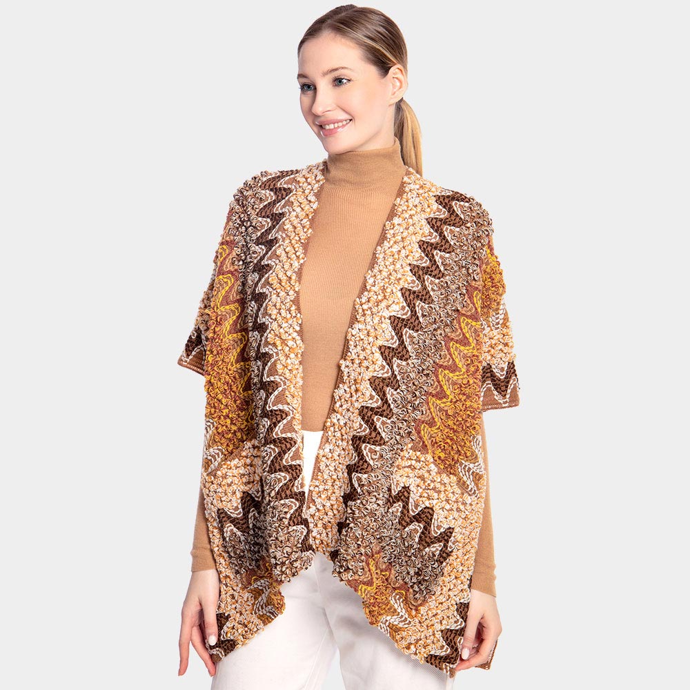 Brown Boho Patterned Front Pocket Ruana Poncho