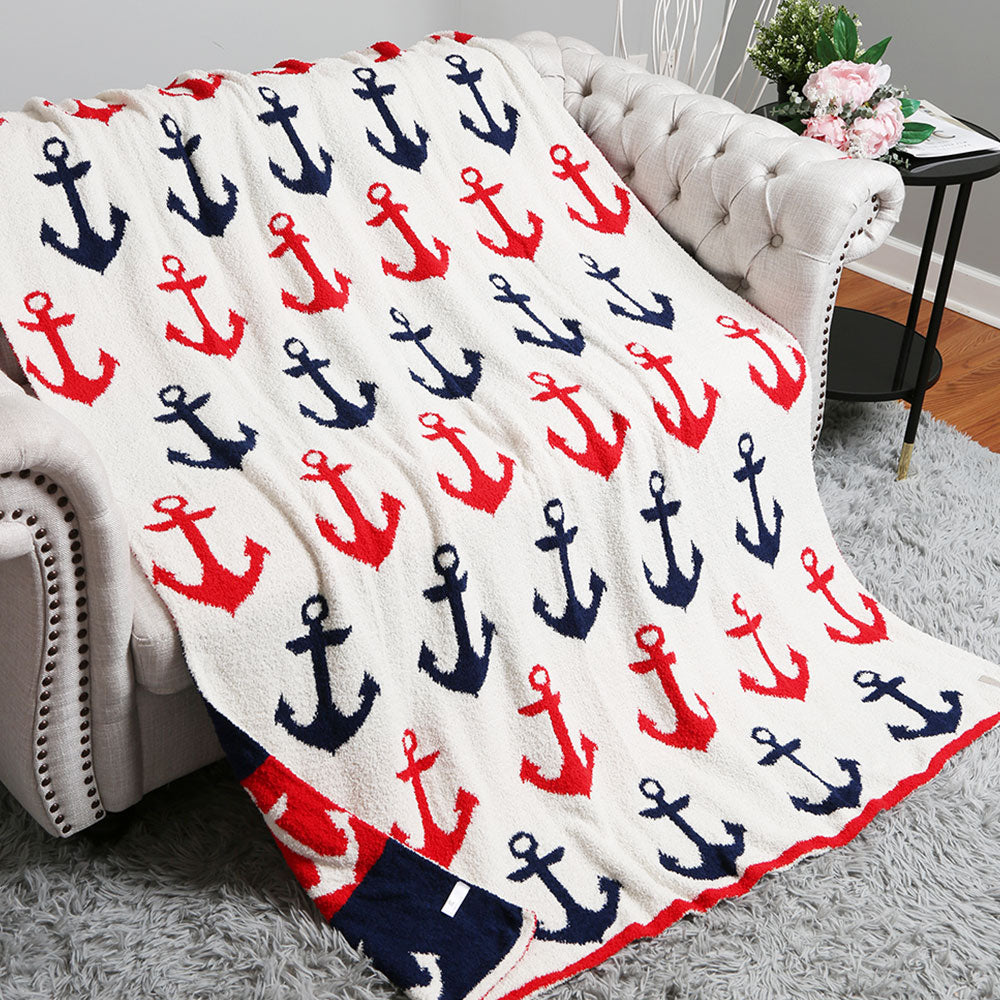 Madeline Love Multi, Navy, Red, White Anchor Patterned Reversible Throw Blanket - Jewelry