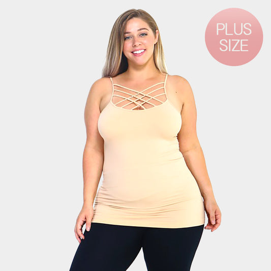 Madeline Love Neutral Plus Size Seamless Triple Criss-Cross Front Cami Tank Top - Jewelry