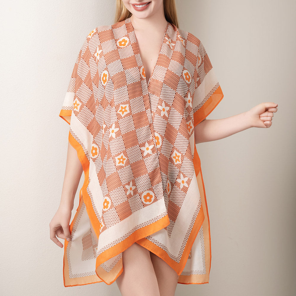 Madeline Love Orange Floral Pattern Kimono Poncho - Jewelry