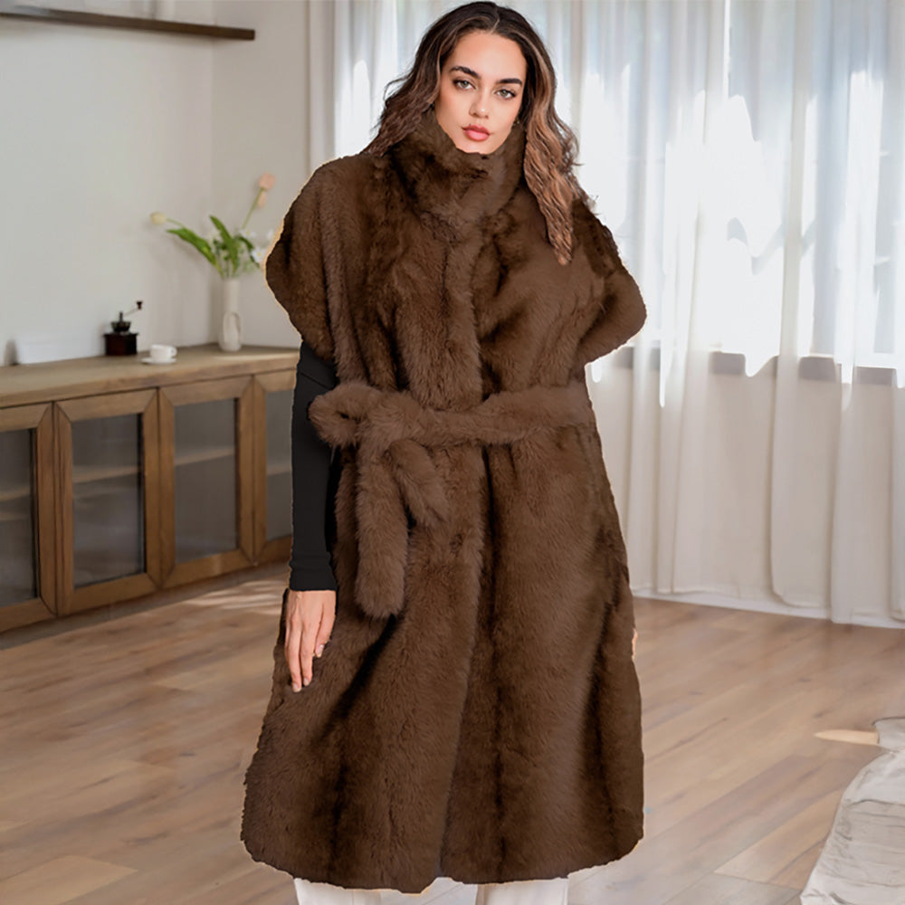 Madeline Love Brown Cozy Faux Fur Long Belted Vest - Hair Accessories