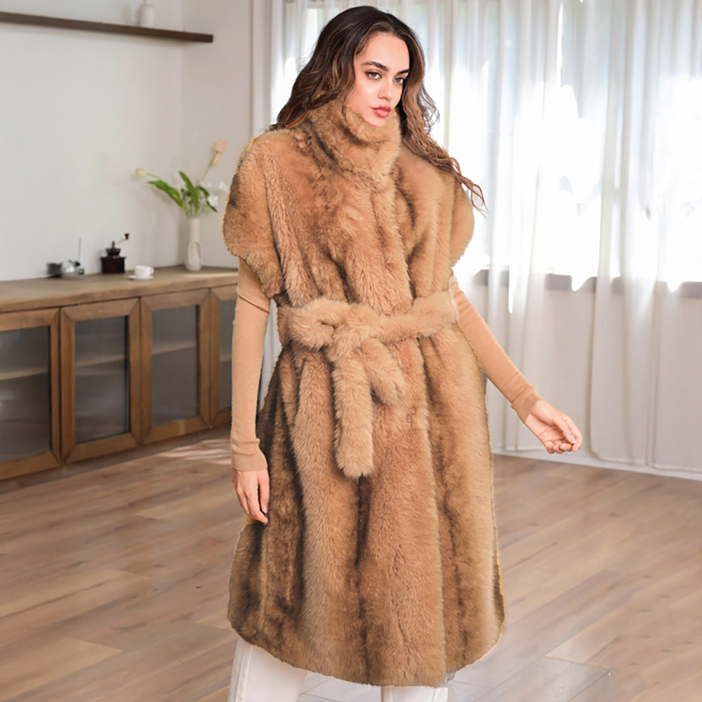 Madeline Love Khaki Cozy Faux Fur Long Belted Vest - Hair Accessories