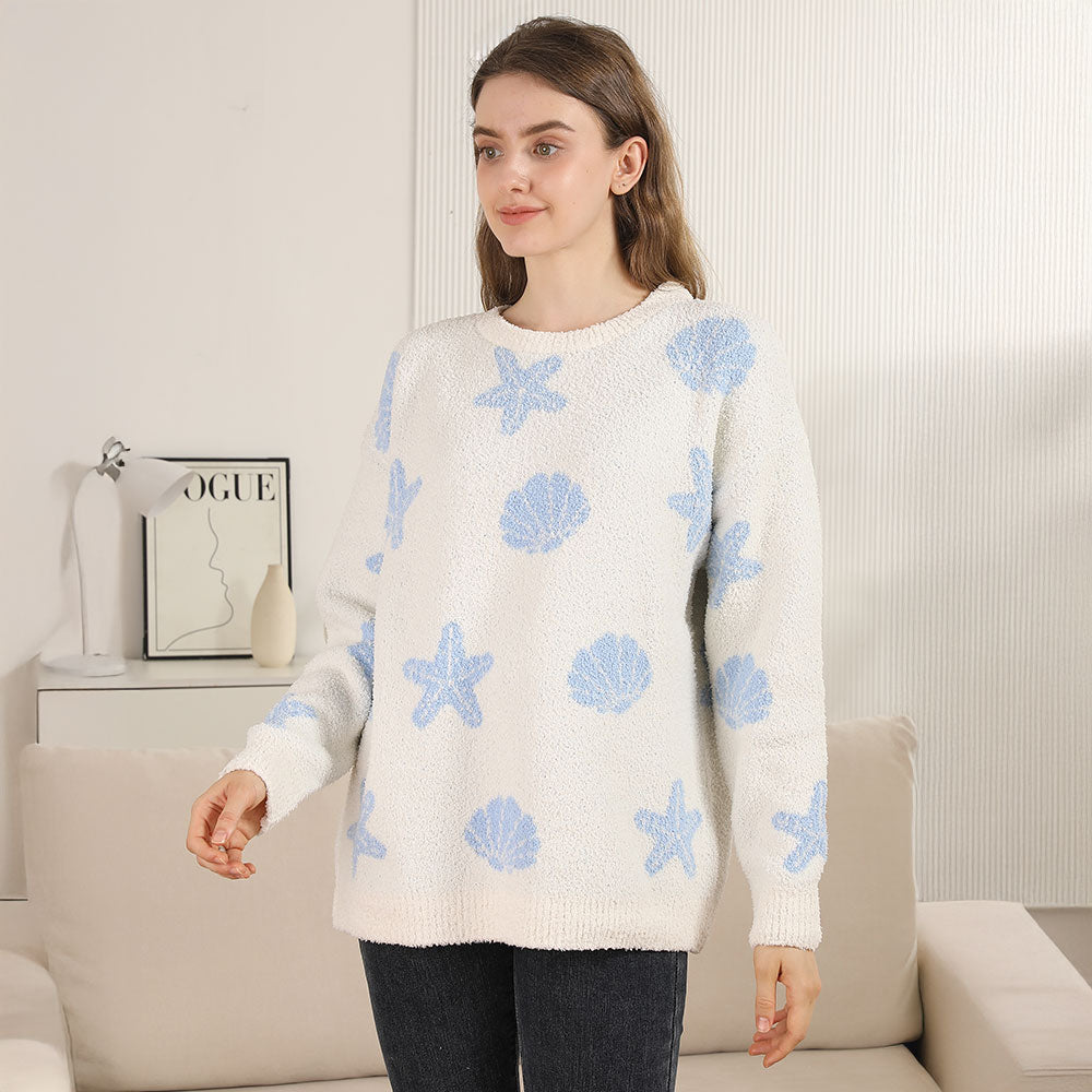 Madeline Love Blue Seashell Starfish Pattern Crew Neck Sweater - Jewelry