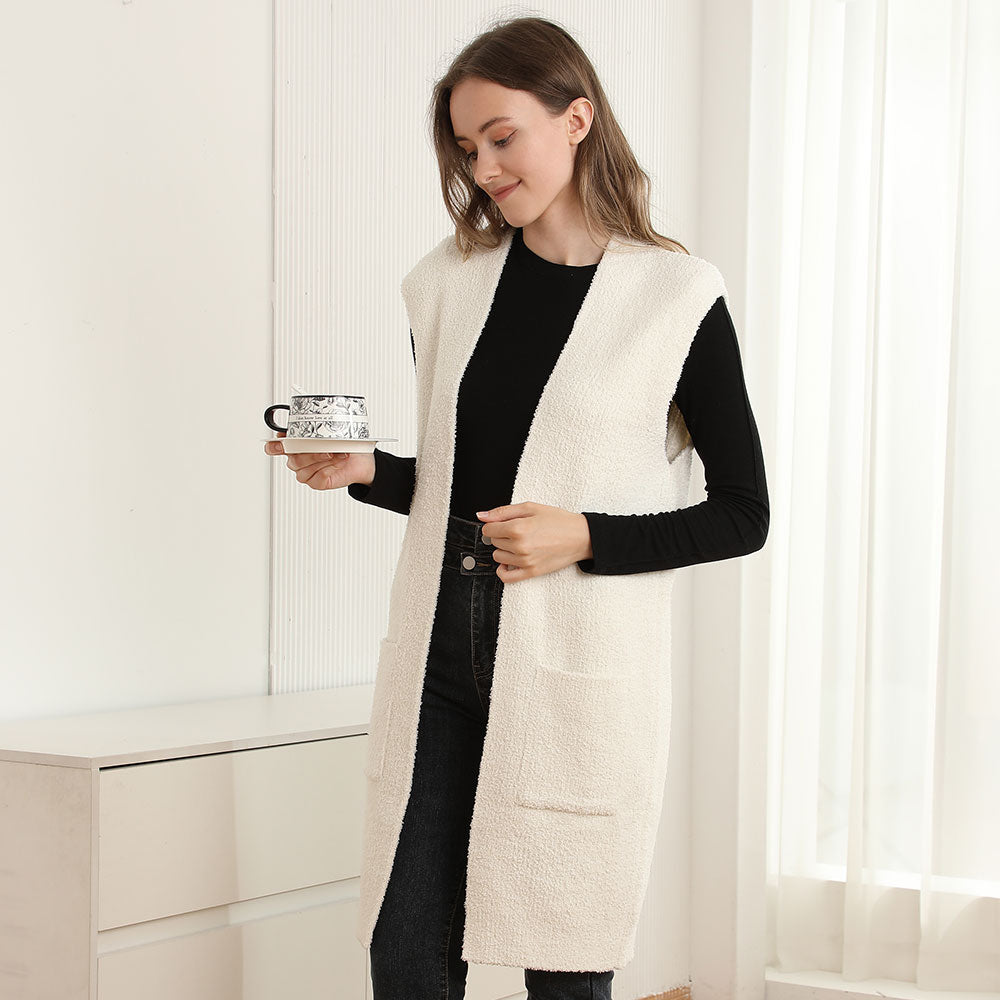 Ivory Solid Color Open Front Long Vest