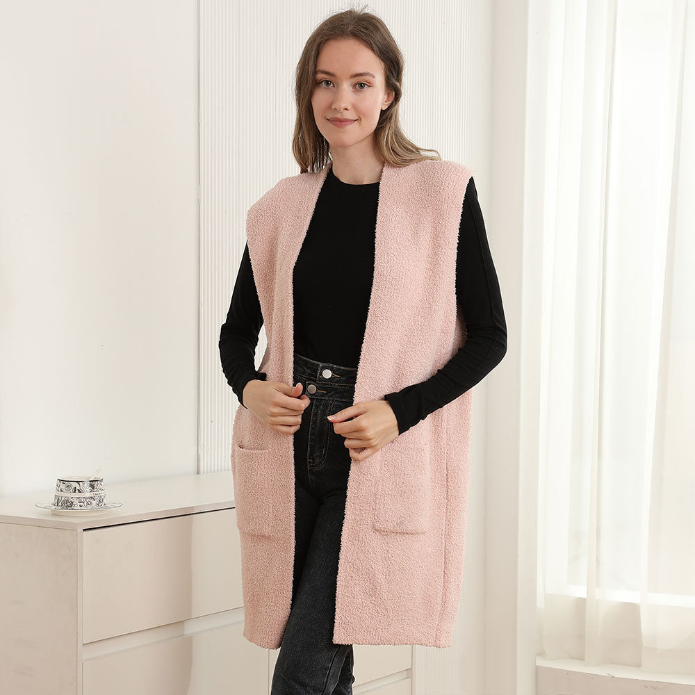 Pink Solid Color Open Front Long Vest