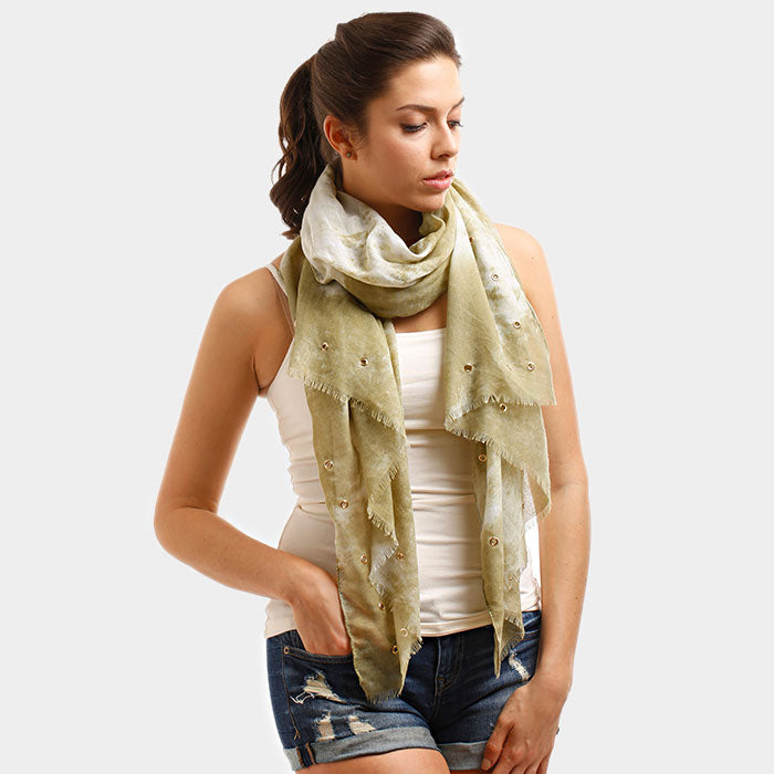 Madeline Love Olive Green Tie Dye Grommet Oblong Scarf - Hair Accessories