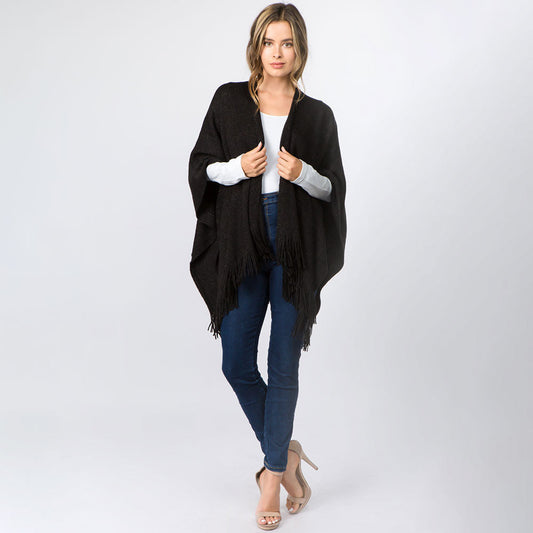 Black Metallic Fringe Shawl Wrap Poncho