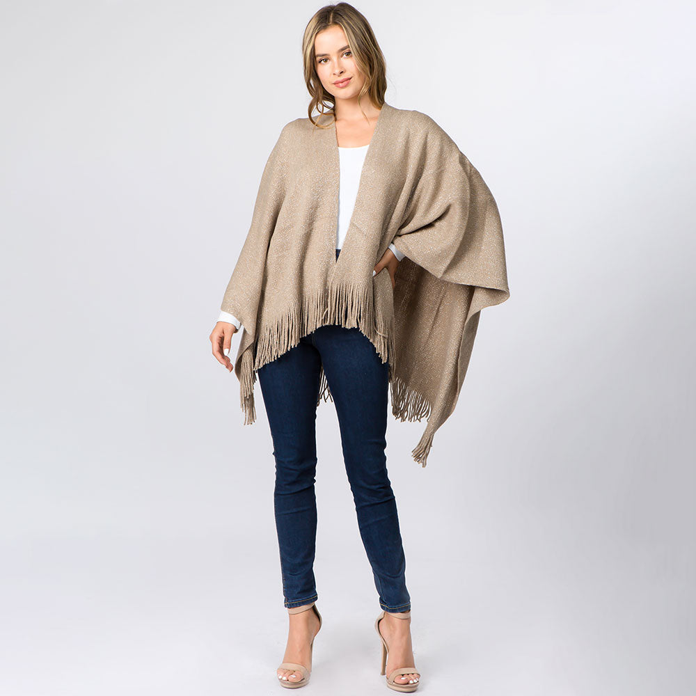 Tan Metallic Fringe Shawl Wrap Poncho