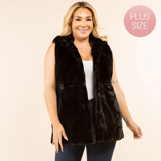 Black Plus Size Faux Fur Hooded Vest
