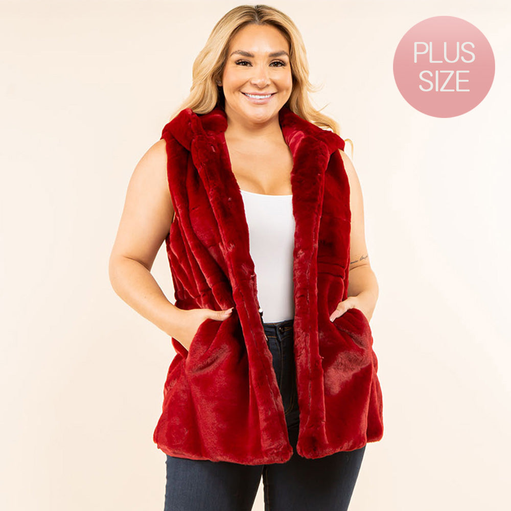 Burgundy Plus Size Faux Fur Hooded Vest