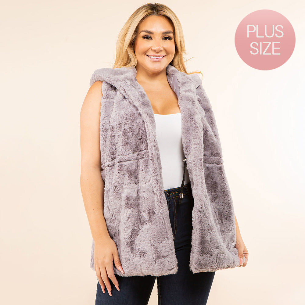 Gray Plus Size Faux Fur Hooded Vest