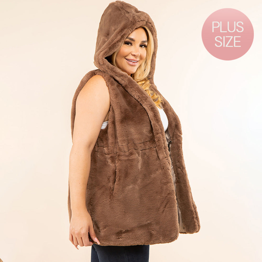 Tan Plus Size Faux Fur Hooded Vest