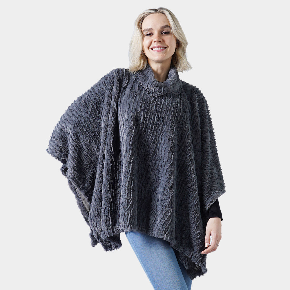 Gray Stripe Pattern Faux Fur Poncho