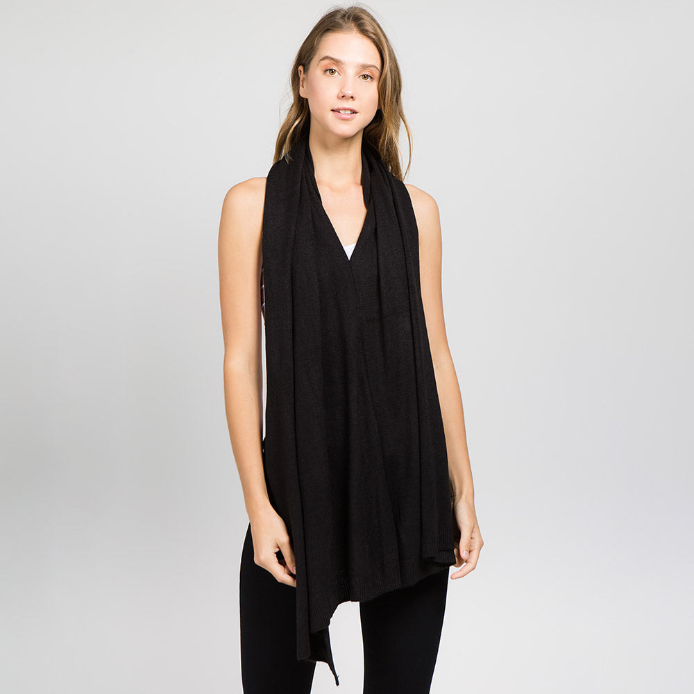 Black Solid Versatile Asymmetrical Poncho Wrap / Scarf
