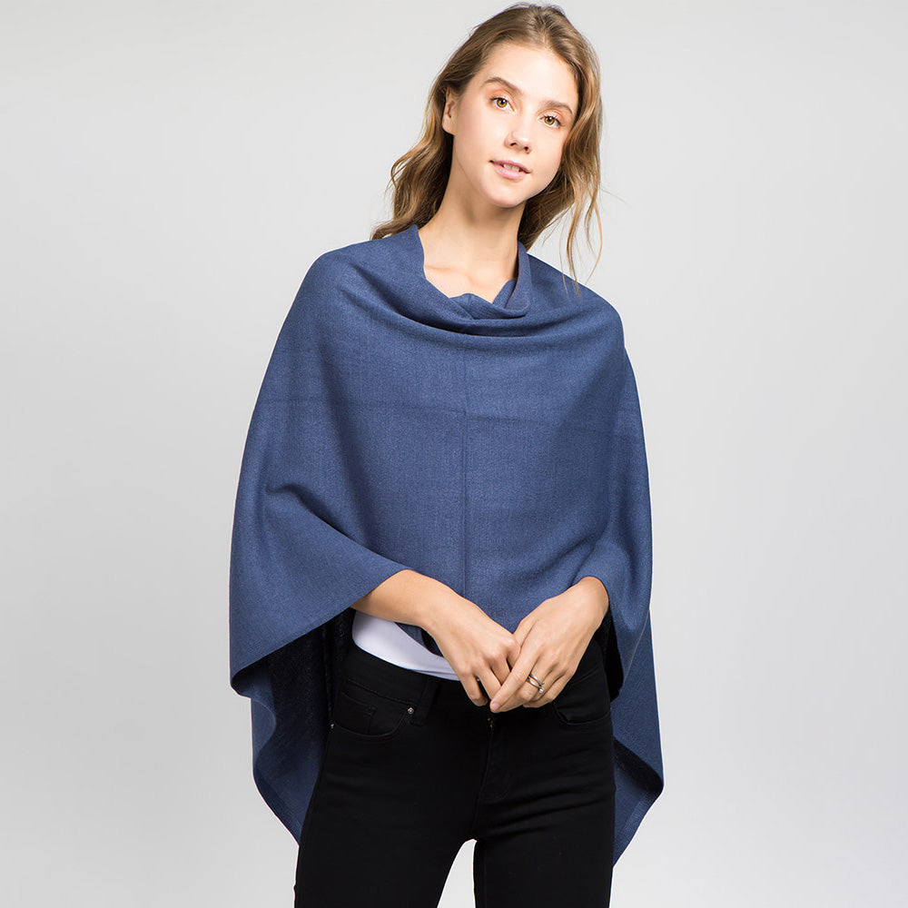 Blue Solid Versatile Asymmetrical Poncho Wrap / Scarf