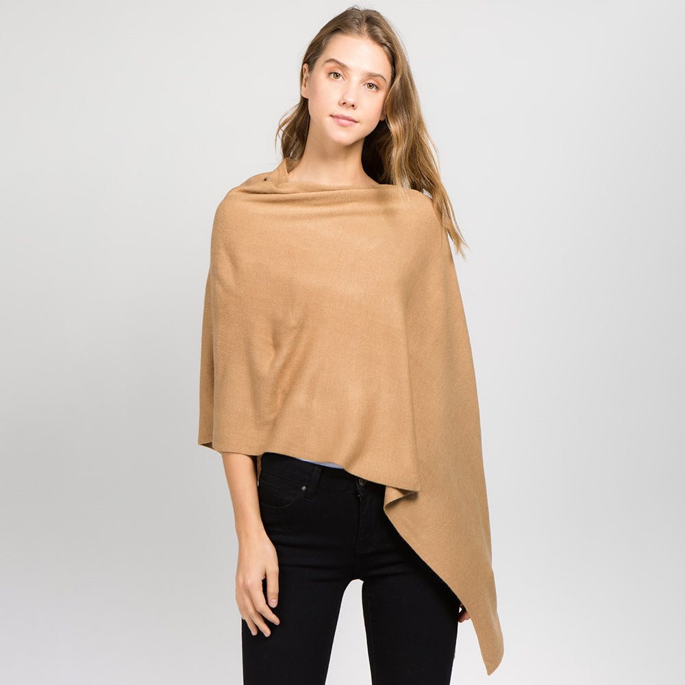 Camel Solid Versatile Asymmetrical Poncho Wrap / Scarf
