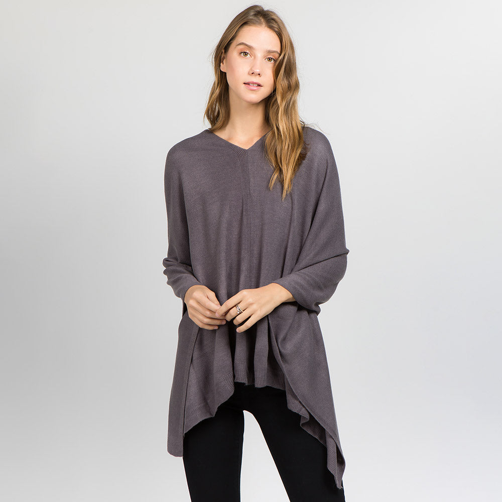 Dark, Gray Solid Versatile Asymmetrical Poncho Wrap / Scarf