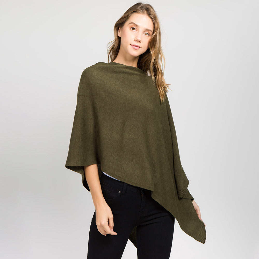 Olive Green Solid Versatile Asymmetrical Poncho Wrap / Scarf